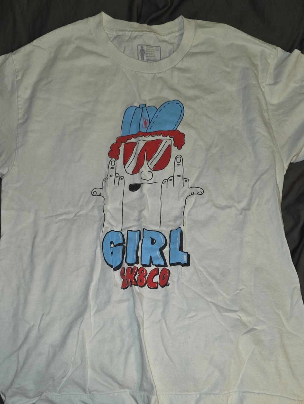 Girl Skate White Short Sleeve Tee with Blue Hat & Red Sunglasses Graphic